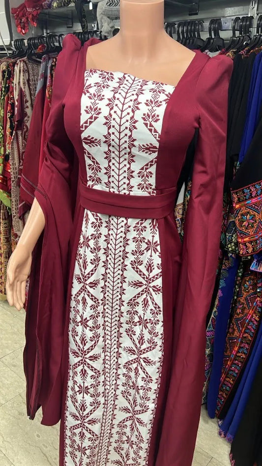 Elegant Maroon and White Traditional Palestinian Embroidered Dress